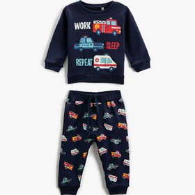 Resim Erkek Bebek Pijama Takımı Baskılı Sweatshirt ve Beli Lastikli Eşofman Altı 2 Parça 