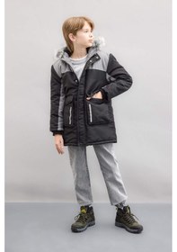Resim DeFacto Erkek Çocuk Çıkarılabilir Suni Kürk Yaka Kapüşonlu Pelüş Astar Parka C8990A824CWBK27 