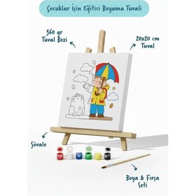Resim Şemsiyeli Çocuk Figürlü Çocuk Boyama Tuvali Şövaleli Boya Seti 20x20 