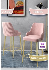 Resim Canisa Tera Serisi 2 Adet Babyface Kumaş 65 Cm Gold Kaplama Ayaklı Pembe Bar Sandalyesi Pembe Sandalye Gold Kaplama Ayak 