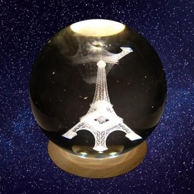 Resim Eyfel Kristal Cam Küre 8cm Led Işıklı Usb Kablolu Ahşap Stantlı Gece Lambası 