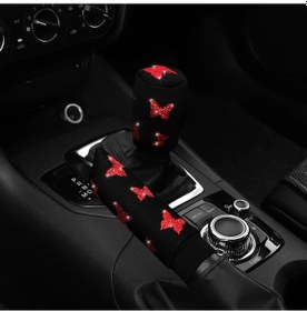 Resim 2-piece Kumaş Flaş Blingbling Araba El Freni Seti Kolu Seti Manuel Dişli Gene Kırmızı Kırmızı 