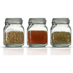 Resim 3'lü Korken Kare Kavanoz 1000 Ml Vakumlu Kilitli Cam Saklama Kavanozu Şeffaf 