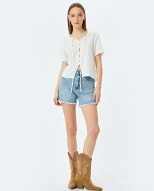 Resim V Yaka Kısa Kollu Düğmeli Bağcıklı Yaka Gömlek 