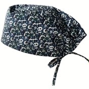 Resim [Tatil Temel] Halloween Ayarlanabilir Scrub Şapkası - Sevimli Çizgi Film Kafa & Yarasa Baskısı, İnce Mavi Beyaz Desenli, Bağcık Tasaramlı Baylar ve Hanımeler için Ideal 