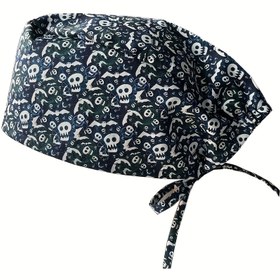 Resim [Tatil Temel] Halloween Ayarlanabilir Scrub Şapkası - Sevimli Çizgi Film Kafa & Yarasa Baskısı, İnce Mavi Beyaz Desenli, Bağcık Tasaramlı Baylar ve Hanımeler için Ideal 
