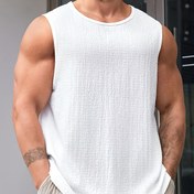 Resim Erkekler için Büyük Beden Dokulu Beyaz Kolsuz Atletik Tank Top - Mürettebat Boyun, Rahat ve Sporcu, Hafif Polyester Karışımı, Makinede Yıkanabilir, BÜYÜK BEDEN 