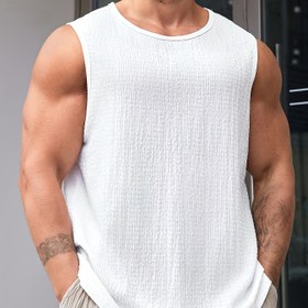Resim Erkekler için Büyük Beden Dokulu Beyaz Kolsuz Atletik Tank Top - Mürettebat Boyun, Rahat ve Sporcu, Hafif Polyester Karışımı, Makinede Yıkanabilir, BÜYÜK BEDEN 