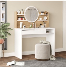 Resim Bohem Makyaj Masası 100cm Aynalı Raflı Çekmeceli Sepet-beyaz Boh28-sw Beyaz - Kahverengi 