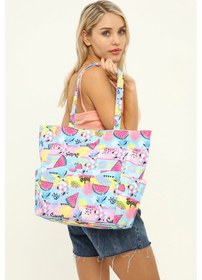 Resim İcone Bag Kadın Çantası, Fonksiyonel Baskılı Plaj Çanta, Beach Bag, Karpuz Tropical Desenli Fermuarlı Çanta Mavi - Pembe 
