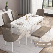 Resim Canisa Concept Are Serisi 80 x 132 cm Mdf Beyaz Mermer Desen Mutfak Masa Takımı 4 Sandalye 1 Bench 