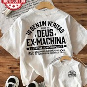 Resim Vintage ilhamlı 'In Benzin Veritas Deus Ex-Machina' Motosiklet Baskılı T-Shirt - Çift Taraflı Grafik Tee ile Baskılı Tasarım, Crew Yaka, Düzenli Fit için Rahat Giyim, Motosiklet Tutkunu 