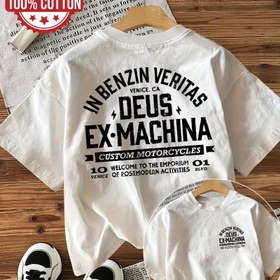 Resim Vintage ilhamlı 'In Benzin Veritas Deus Ex-Machina' Motosiklet Baskılı T-Shirt - Çift Taraflı Grafik Tee ile Baskılı Tasarım, Crew Yaka, Düzenli Fit için Rahat Giyim, Motosiklet Tutkunu 