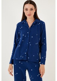 Resim Lela Regular Fit Gömlek Yaka Önden Düğmeli Polar Bayan Pijama Takımı 6571009W4 Lacivert 