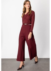 Resim On Kadın Beli Kemerli Bol Paça Pantolon 64133 Bordo Bordo 