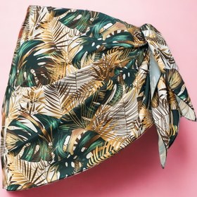 Resim pistore Büyük Sarı Yeşil Monstera Desenli Kısa Pareo Saten Iç Göstermez Kadın Plaj Elbisesi Yeni Sezon 