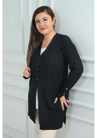 Resim By Saygı Kadın Kol Düğme Detaylı Kalın Fitilli Likralı Büyük Beden Uzun Hırka-41847 Siyah 