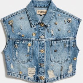 Resim Kadın Kot Rengi 12s6-32 Crop Fit Özel Dikim Aksesuar Tasarım Denim Ceket - Kot Renk / L 