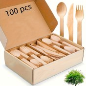Resim Set of Wooden Utensils - 100/200 adet Tek Kullanımlık Çatal Bıçak Kaşık (50/100 Çatal, 25/50 Bıçak, 25/50 Kaşık), Etkinlikler ve Catering için 5.5-Inç Araçlar, 14Cm Ahşap Yemek Seti 