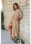 Resim Kadın Yeni Sezon Krep Cepli Uzun Katlanabilir Kollu Büzgülü Elbise Yazlık Günlük Giyçık Bej 