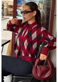 Resim Madmext Bordo Baklava Desenli Polo Yaka Kadın Hırka Mg2478 Bordo 