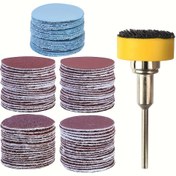 Resim 100 adet 1 inç (25 mm) alümina zımpara pedi kiti, beş çeşit yuvarlak örgülü keçe zımpara parçası içerir 100/180/240/1500/3000, bağlantı çubuğu ve kendinden yapışkanlı plaka ile birlikte, orta boy taneli parlatma pedi, matkap ucu öğütücü döner araçlar için uygun 