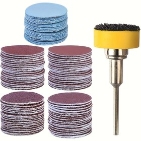 Resim 100 adet 1 inç (25 mm) alümina zımpara pedi kiti, beş çeşit yuvarlak örgülü keçe zımpara parçası içerir 100/180/240/1500/3000, bağlantı çubuğu ve kendinden yapışkanlı plaka ile birlikte, orta boy taneli parlatma pedi, matkap ucu öğütücü döner araçlar için uygun 
