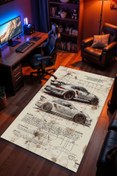 Resim Charmbi Porsche Araç Desenli Kaymaz Taban Makinede Yıkanabilir Gaming Oyuncu Gamer Genç Odası Halısı 