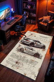 Resim Charmbi Porsche Araç Desenli Kaymaz Taban Makinede Yıkanabilir Gaming Oyuncu Gamer Genç Odası Halısı 