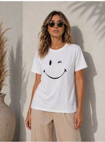 Resim Kadın Minimal Gülümseyen Yüz Baskılı Tişört Kısa Kol Yazlık T-shirt - Beyaz 