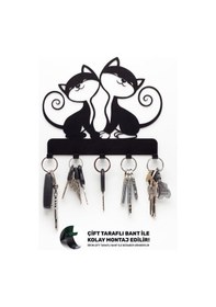 Resim Anahtar Askılığı, Metal Anahtarlık Askısı, Kedi Desenli Anahtar Askılığı Siyah Siyah 