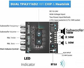Resim 2.1 Kanal BT Ses Amplifikatör Modülü AUX BT5.0 Ses Girişi Subwoofer Sol ve Sağ Kanal Çıkışı Ses Güç Amplifikatörü Kartı 