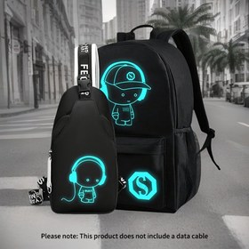 Resim Glow-in-the-Dark Youth 2 adet Crossbody Oxford Büyük Kapasiteli Moda Rahat Okul Çantası ile Yüksek Okul, Üniversite, İşe Giderken, Kampüs, Karikatür, Okula Dönüş Çantaları ile Rastgele Dokuma Baskılı 