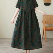 Resim Kadınlar için Vintage Çiçek Desenli Keten Maxi Elbise - Bahar/Yaz/Sonbahar, Yuvarlak Yaka, Kısa Kollu, A-Line Silueti Cep Detaylı, Esnek Olmayan Kumaş, Kırmızı ve Siyah Çiçek Deseni, Hafif ve Nefes Alabilir, Plaj Elbisesi | Akışkan A-Line Etek | Esnek Olmayan Malzeme, Sevimli Elbise 
