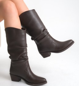 Resim Ayakkabı Delisiyim Kahverengi Deri Kadın Çizme Western Kovboy Kaymaz Taban Kalın Topuklu Ava 