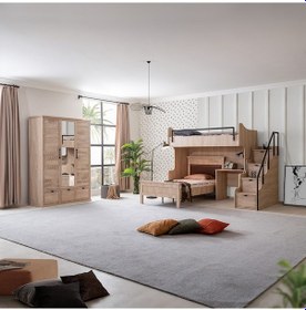 Resim Ranza, Polo Genç Odası Takımı Çift Kişilik Çalışma Masalı Ceviz Ranza + Üç Kapaklı Ceviz Dolap 90 X 190 CM 