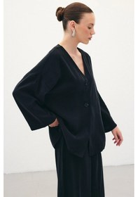 Resim Düğmeli Kimono - Siyah Siyah 
