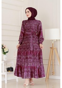 Resim Sevitli Piliseli Eteği Volanlı Saten Mona Elbise-mürdüm-5077 Mürdüm 