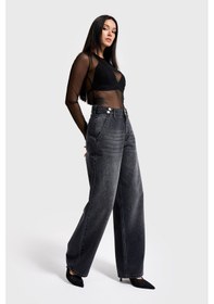 Resim Itsbasic Kadın Füme Renk 2w5-1 Wide Leg Fit Bol Kesim %100 Koton Kemer Detaylı Denim Jean 
