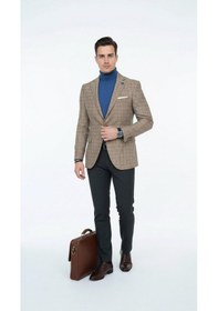 Resim Plus Scorpion Ekoseli Slim Fit Erkek Blazer Ceket Şık Modern Tasarım, Tek Düğmeli Camel 