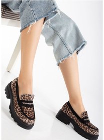 Resim 746-759 Leopar Günlük Yüksek Tabanlı Loafer Ayakkabı Bej - Siyah 