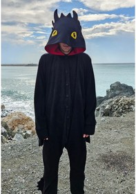 Resim Dişsiz Ejderha Kostümü Yetişkin Siyah Ejderha Pijama Tulum Kostüm 