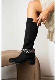 Resim Shoetek Esteban Kadın Fermuarlı Çizme Zincirli Siyah Süet Siyah Suet 