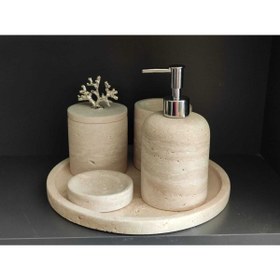 Resim Polen Stone Traverten Doağaltaş 5'li Banyo Seti Kendinden Tutmalı Kapaklı 