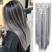 Resim 6'lı set 60.96cm Sentetik Kimyasal Lif Isıya Dayanıklı Klipsli Saç Uzatma Peruk Siyah Gri Renk Uzun Düz Saç Peruk Parçası Kadınlar İçin Uygun Tüm Azizler Günü Partisi Kullanımı 