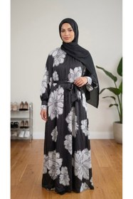 Resim Ahel Minaze Collection Siyah Beyaz Çiçek Desenli Kuşaklı Saten Tesettür Elbise - Şık Mevsimlik Elbise 
