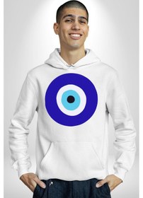 Resim Nazar Boncuğu Kadın Erkek Beyaz Kapüşonlu Sweatshirt Hoodie Beyaz 
