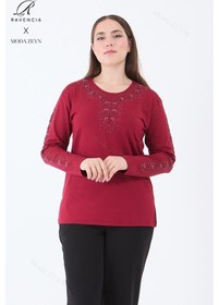 Resim Kadın Bordo Şerit Çiçek Desenli Taşlı Yırtmaçlı Likralı Viskon Anne Penye Bluz 