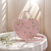 Resim 1 adet Kadınların Çiçek Kalp Şeklinde Çapraz Çanta, Moda Suni Çanta Fermuar Kapatma, Pembe veya Yeşil Nakışlı Tasarım, Günlük Geziler ve Özel Günler için Mükemmel, Sevimli Cüzdan 