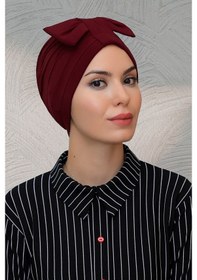 Resim Hürrem Bone Bordo Pratik Hazır Geçmeli Tesettür Bone Sandy Kumaş Fiyonklu Büz (545490884) Bordo 